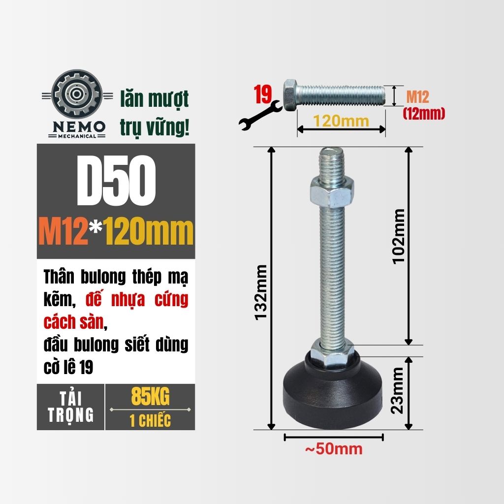 Chân Tăng Chỉnh Đế Nhựa Cứng – Giải Pháp Cân Bằng & Chống Rung (M10, M12, M16)